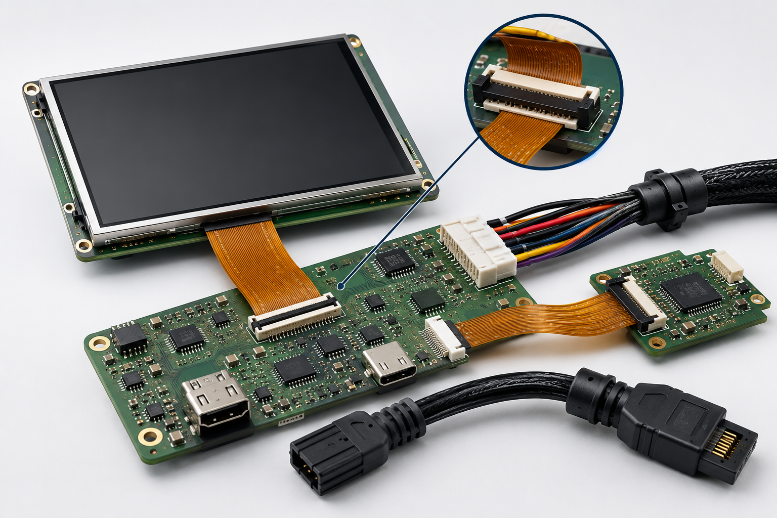 LCD cable and connector design showing flex cable routing, connector retention, and PCB integration