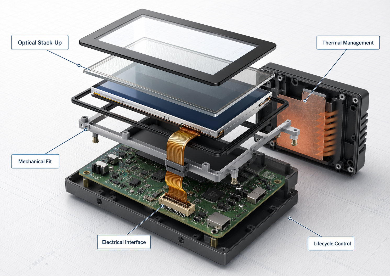 Exploded OEM LCD assembly showing mechanical, electrical, optical, thermal, and lifecycle DFM considerations