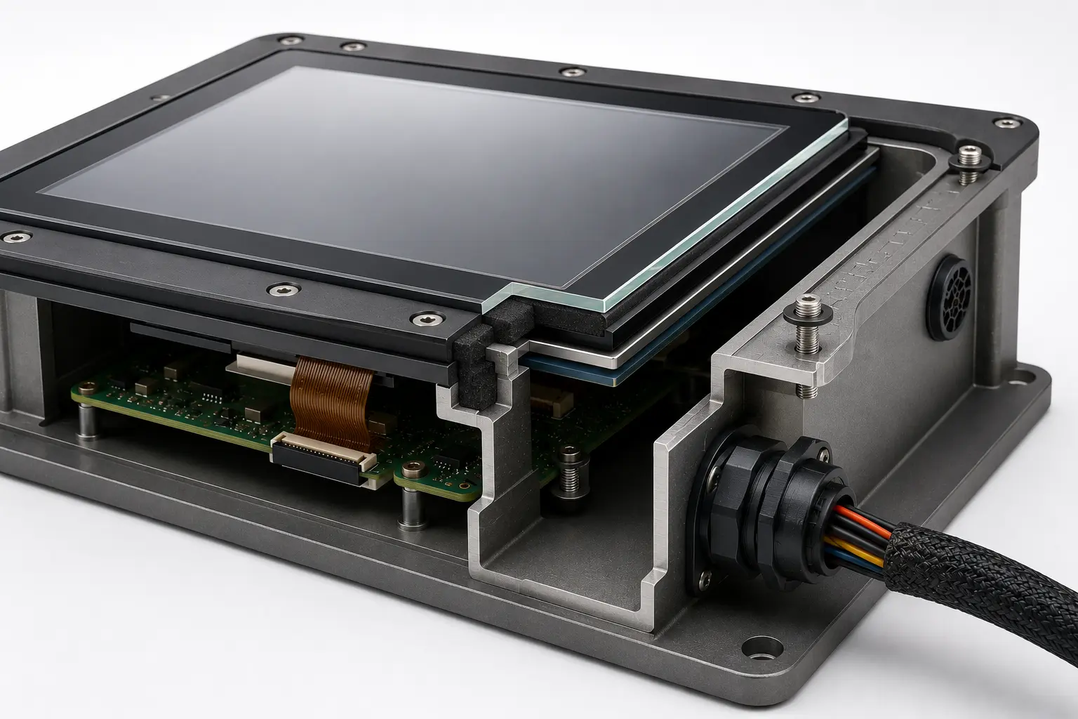 Cutaway rugged LCD enclosure showing a perimeter gasket, sealed cable exit, cover glass, and pressure vent.