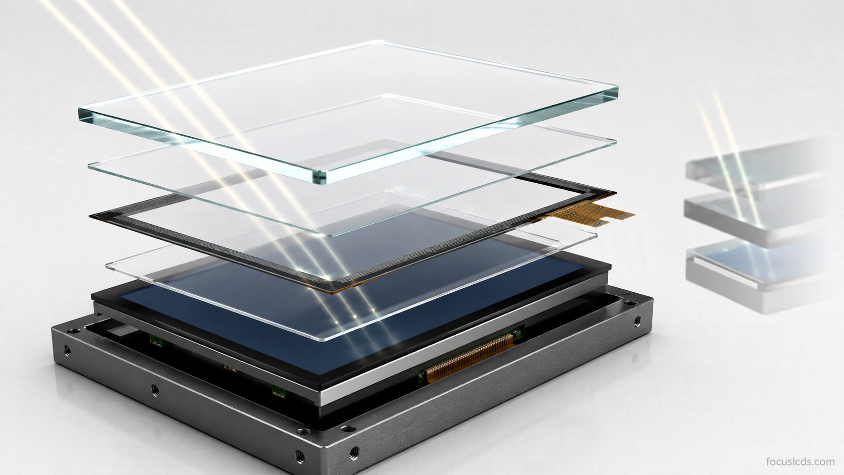 Exploded LCD optical bonding stack with cover glass, touch sensor, adhesive layers, and industrial TFT display.